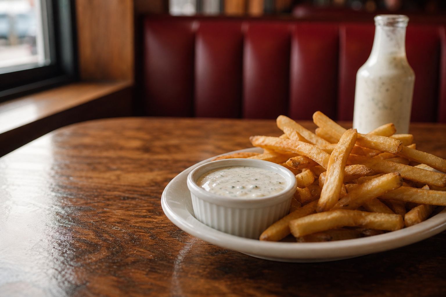 Flasche Ranch Dressing und Pommes auf einem amerikanischen Diner-Tisch mit Roadtrip-Stimmung