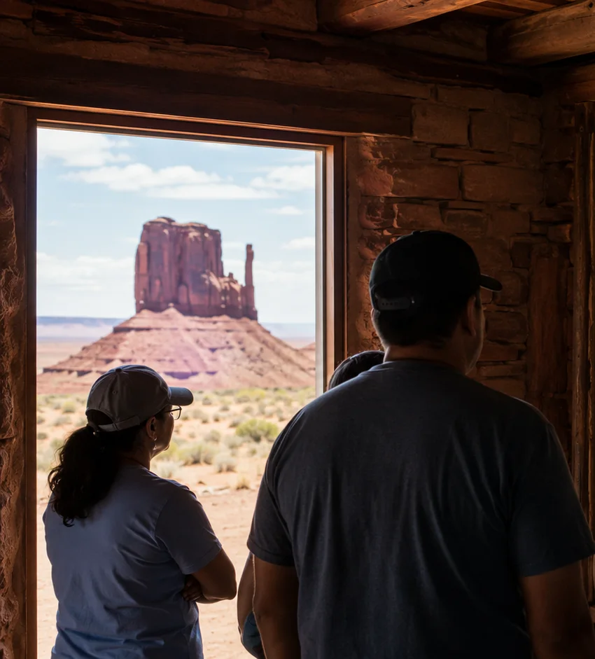 Blick aus einem Türrahmen auf den linken Mitten im Monument Valley, davor zwei Besucher