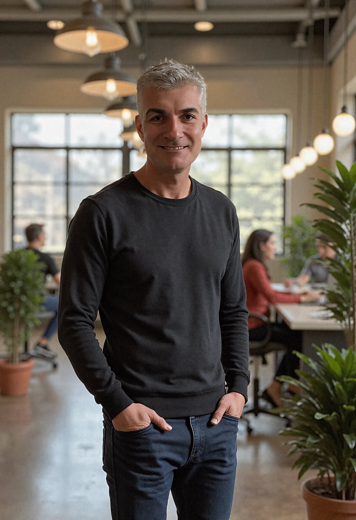 Sascha Ghods in a casual black sweater and jeans smiling in a modern office with colleagues working in the background.